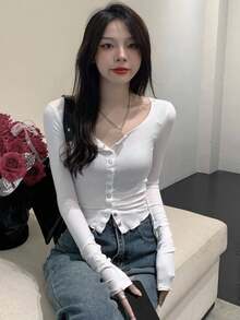 Women's Solid Color Casual Versatile Cuffed Cardigan Long Sleeve T-Shirt White Spring - White - View 6