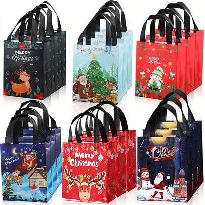 12pcs/6pcs Medium Christmas Gift Bags With Handles - Santa Claus, Gnome, Reindeer, Snowman Patterns, Reusable Christmas Party Gift Tote Bags, Merry Christmas Happy New Year Gift Bags, Christmas Decorations, Holiday Party Favor Bags, Christmas Presents