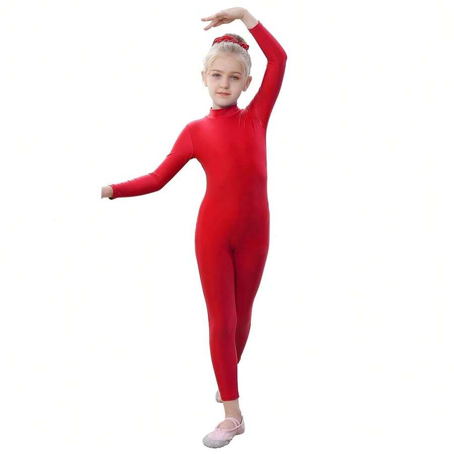 YgneeDom Kids Girls One Piece Spandex Unitards, Long Sleeve Turtleneck Unitard, Full Body Catsuit, Dance Leotard Costumes{"Color_name":"Red","Size_name":"Large"} - 紅色的 - 查看 1