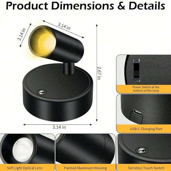 1pc ABS Material LED Wall Light, USB Powered, 360° Rotatable Night Light, Touch Switch, 3 Color Adjustable, Modern Standalone Or Magnetic Wall Mounted Spotlight For Indoor/Outdoor/Living Room/Dining Room/Bedroom/Bar Decor