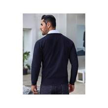 Men's Crew Neck Sweater Slim Fit Lightweight Sweatshirts Knitted Pullover For Casual Or Dressy Wear - 海軍藍/灰白提花 - 查看 3