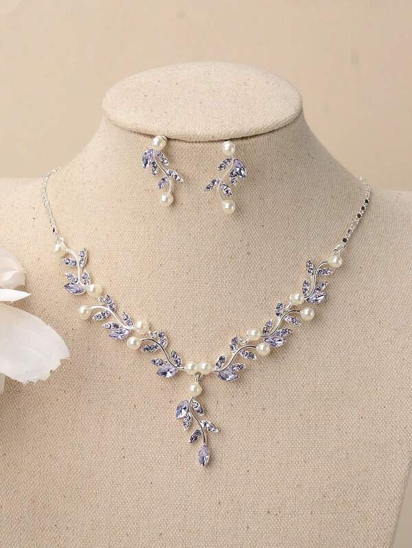 طقم قلادة وأقراط من سبيكة الزنك اللامعة والخرز والراين ستون، طقم مجوهرات للنساء للزفاف والحفلات