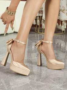 Women's High Heel Sandals, High Platform Pointed Toe Bow Tie Strap Satin White Backless Comfortable Breathable Casual/Date Elegant Style - Champagne - View 3