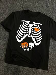 Camisetas casuales para hombres de 250g de algodón puro, gruesas y cómodas, con estampado de tórax de esqueleto, calabaza y esqueletito, estilo humorístico de Halloween - Negro - Ver 1