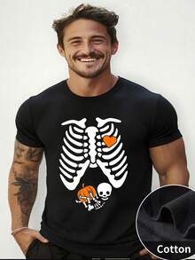 Camisetas casuales para hombres de 250g de algodón puro, gruesas y cómodas, con estampado de tórax de esqueleto, calabaza y esqueletito, estilo humorístico de Halloween - Negro - Ver 4