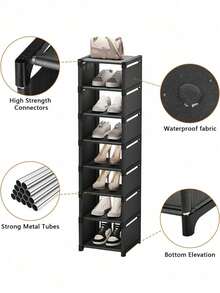 8层窄型鞋架，垂直设计，适用于衣柜、玄关、走廊和卧室 | 节省空间，金属框架，壁挂式设计，易于DIY组装，无纺布层板，坚固耐用，可收纳鞋子、靴子、包包和配饰，尤其适合小空间，是衣橱和门厅的理想之选，可整理鞋履、换季衣物等。 - 黑色 - 查看 2