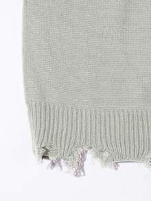 ANDREILEE 秋冬男女通用街头风极简长袖圆领套头毛衣，饰有流苏和做旧细节，宽松舒适 - 淺灰色 - 查看 5