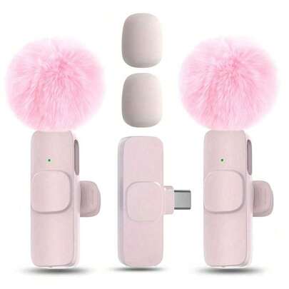 高品质专业无线领夹式麦克风，智能降噪，全向电容式，带防风罩，二合一无线领夹式麦克风，用于录制内容、直播、采访、歌曲录制、播客、采访和视频博客 - USB Type-C，可充电 60mAh 锂电池，2.4G/3G/4G/5G 连接，采访录音 | 无线麦克风 | 全向拾音 | 便携式无线麦克风 | 智能手机麦克风