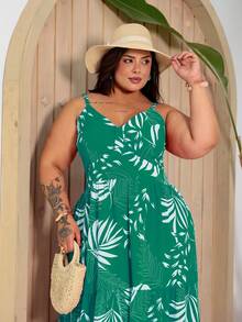 Women's Plus Size Printed Long Dress With Waistband, Lightweight Fabric, Summer Curve G1 And G2 - 薄荷綠 - 查看 4