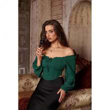 Blusa de corpiño vintage para mujer, blusa renacentista con hombros descubiertos y manga larga, color Verde Oscuro, talla Small - Verde oscuro - Ver 7