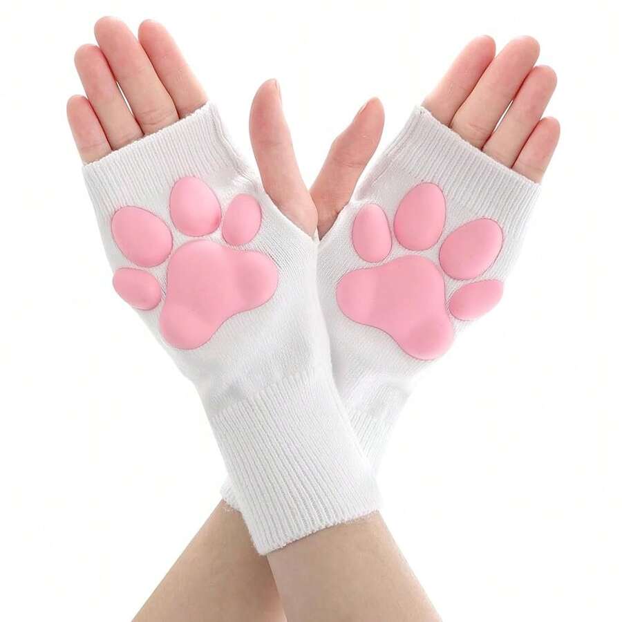 Nydotd Cat Paw Pad Mittens Gloves Kawaii Pink 3D Claw Fingerless Cute Cat Cosplay Gloves Sleeve For Girls Party{"Color_name":"WhiteShort","Size_name":"Short"} - 白短 - 查看 1