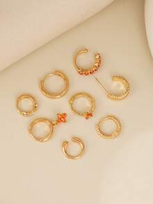 8pcs Fashionable Orange Cubic Zirconia Cartilage Hoop Earrings Set, Multi-Layer Clover Decor, Suitable For Women Daily, Party, Banquet Accessories - Yellow Gold - View 3