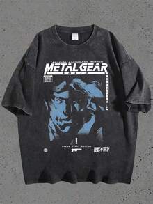 Metal Gear Solid Game Graphic Printed Water Washed Men's Graphic Printing T-Shirt, Round Neck Short-Sleeve Tee Vintage Retro Tops For Men, Unisex - 黑色 - 查看 1