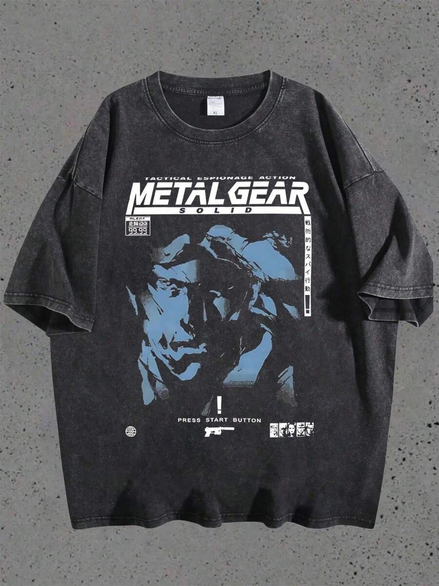 Metal Gear Solid Game Graphic Printed Water Washed Men's Graphic Printing T-Shirt, Round Neck Short-Sleeve Tee Vintage Retro Tops For Men, Unisex - 黑色 - 查看 1