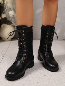 New Women's Fashion Comfortable Casual Mid-Calf Lace-Up Ankle Boots - Black - View 3