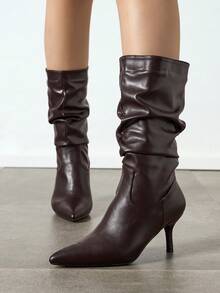 بوت جلدية غربية خفيفة الوزن متينة متعددة الاستخدامات للنساء في فصل الخريف/الشتاء، بوت منتفخة مريحة متوسطة الساق مناسبة لأي مناسبة، بوت كعب قطة، حفلات - قهوة بني - مشاهدة 3