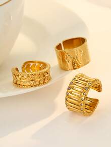3pcs Stainless Steel Golden Yellow, Stylish And Simple, 3 Different Shapes Of Cast Ring Sets, Suitable For Daily Wear Or Gift Giving - Yellow Gold - View 2