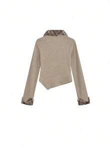 Women's Polo Neck Long Sleeve T-Shirt, Fashion Design Layered Look, Slim Fit Waist, Base Wear Top, Spring Casual - Khaki - View 4