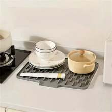 Anti-Slip Silicone Drying Mat For Kitchen, Built-In Drainage Design, Heat-Resistant & Easy-To-Clean Dish Rack, Space-Saving Countertop And Sink Organizer, Suitable For Countertop, Sink, Fridge, Kitchen Cabinet, Dishwashing Mat, Sink Accessories, Modern Kitchen Supplies, Kitchen Essentials, Sink Organizer, Countertop Utensil Storage, Space-Saving Sink Mat, Heavy-Duty Dish Drainer Mat, Modern Kitchen Floor Mat, Stylish Black & Gray, Hygienic Perforated Surface - Grey - View 6