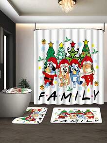 [Christmas Bluey Shower Curtain Window Curtain Set] 1/3/4pcs Christmas Solid Color Santa Hat Bluey Family And Friends Holiday Pattern Printed Shower Curtain Set, Modern Design, Suitable For All Seasons, Waterproof Polyester Hooks And Lining, Flannel Material, Soft Surface, Absorbent Anti-Slip Bathroom Mat, Bathroom Set Includes U-Shaped Mat, Toilet Mat, Anti-Slip Bathroom Mat And Bathroom Accessories, Home Decor, Holiday Decor, Christmas Gift, Daily Decor, Gift Giving
