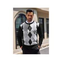 Men's Crew Neck Sweater Slim Fit Lightweight Sweatshirts Knitted Pullover For Casual Or Dressy Wear - 黑色菱形花紋 - 查看 4