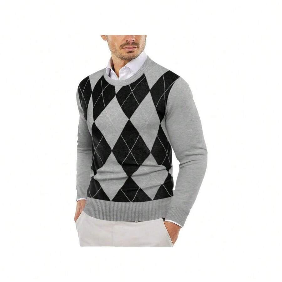 Men's Crew Neck Sweater Slim Fit Lightweight Sweatshirts Knitted Pullover For Casual Or Dressy Wear - 灰色菱形花紋 - 查看 1