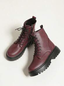 Women's Autumn/Winter New Burgundy Boots, Thick Heel, Round Toe, Lace-Up, Motorcycle Boots, Versatile, Stylish, Unisex, British Style Combat Ankle Boots - Burgundy - View 4