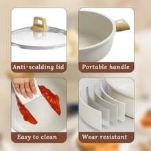 Ceramic NonStick Soup Pot Set With Glass Transparent Lid And Steamer 5Piece NonStick Cookware Set Including Silicone Soup Spoon And Silicone Colander DoubleEar Handle Design White