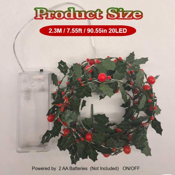 1 pièce 20 LED 2m/6,5 pi Guirlande lumineuse de Noël à baies de houx, lumière chaude, alimentée par piles (ON/OFF), décoration de Noël et Halloween - Piles non incluses