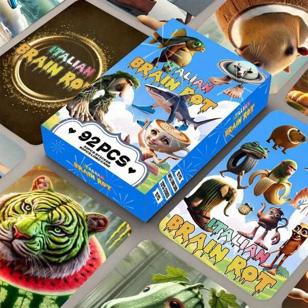 92pcs/Set Brain Rot Cards, 60pcs Cards And 32pcs Stickers, Tung Tung Sahur, Tralalero Tralala And Schimpansinni Bananini, Wooden Stick People Shark Collector Cards, Birthday Gift For Fans And Friends