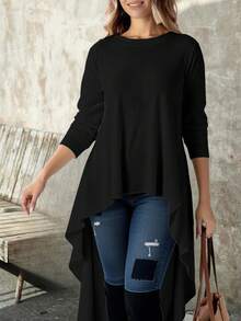 Blusa túnica, para mujer estilo moderno minimalista tela elástica sin estampado corte holgado cuello redondo manga larga primavera otoño para uso diario - Negro - Ver 1