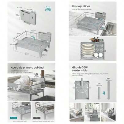 Escurreplatos, Escurridor para Cocina, Giratorio 360 y Extensible, con Soporte para Cubiertos, 31x 42x 18.5, Gris Paloma MKCS550G01