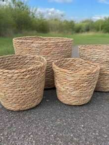 1pc Handwoven Straw Planter Basket, Wicker Plant Pot Cover For Home, Living Room Decor