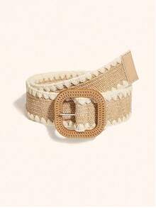 1 Stück handgefertigter gehäkelter Stroh gewebter breiter Taillengürtel mit quadratischer Schnalle, bohemian, vintage, elegant, lässig, süß, geeignet für Kleider, Röcke, Alltag, Straße, Strand, Reisen