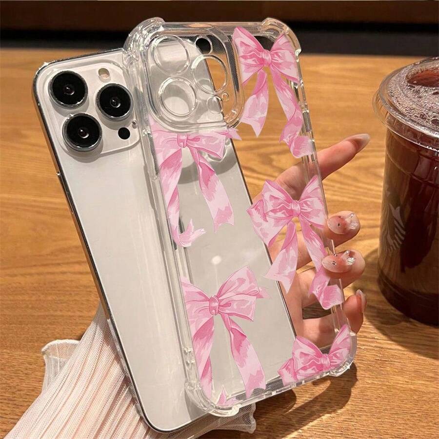Funda Antigolpes Súper Resistente  - ¡Esquinas Reforzadas con Air Caps! Protección Completa AntiAmarillo - Transparente Lazos rosas patrón-Ideal Trabajo y Ocio- Regalo Pareja/Mejor Amiga ( - transparente - Ver 1