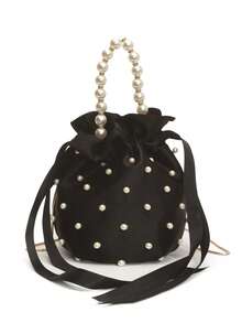 Clariva 1 pieza Bolso de hombro de mujer de nailon con decoración de perlas, bolso de cubo con cordón, un solo hombro y bandolera, regalo de Navidad - Negro - Ver 6