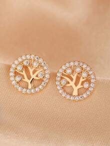 1 Pair Golden Metal Tree Of Life 5A Cubic Zirconia Hollow Elegant Earrings - Yellow Gold - View 9