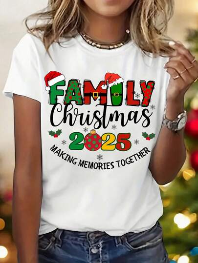 Women'S Christmas T-Shirt - Family Christmas 2025 Memory Making Graphic Tee - White Holiday Shirt With Red & Green Lettering - Cozy Crew Neck Casual Top For Christmas Parties, Family Gatherings - Cute Christmas Apparel For Women, Christmas Shirts, Festive Party Attire, Festive Design, Durable Print Quality, Short Sleeve Shirt, Holiday Celebration Outfit, Lightweight Material, Holiday Shoppers