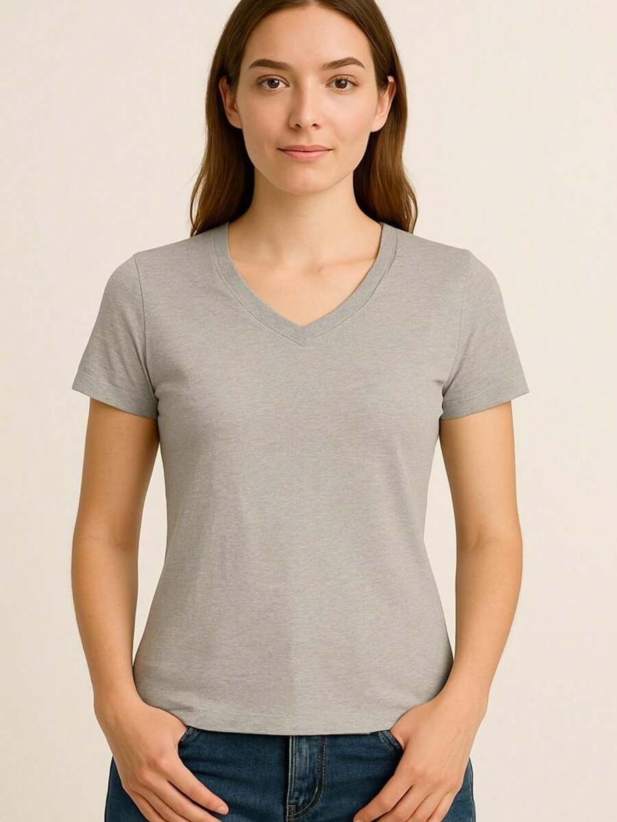 Women's Basic Short Sleeve V-Neck Blouse - Grey - View 1