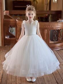 长款优雅白色花童连衣裙，蓬松薄纱女童裙 - 白色 - 查看 5