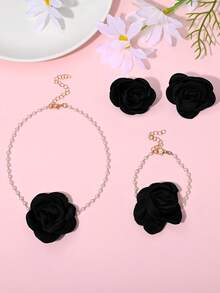 1 套耳环 + 1 条项链 + 1 条手链，法式复古优雅玫瑰花仿珍珠项链、手链、耳环首饰套装，适合女性日常、宴会、婚礼、伴娘、派对穿着，四季皆宜，节日礼物 - 首飾套裝 - 查看 3