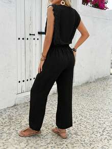 Women's Fashionable Round-Neck Short-Sleeved T-Shirt With Side Pocket And Sporty Pants, Spring/Summer Style - Black - View 5