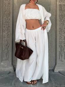 三件套：宽松缎面纹理超长夹克、抹胸上衣和阔腿裤，时尚法式简约风格，适合休闲和度假 - 白色 - 查看 2