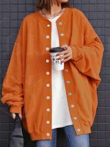 Plus Size Knit Long Sleeve Shirt-Style Cardigan, Button Front, Regular Length, For Women, Slightly Stretchy Fabric - Orange - View 3