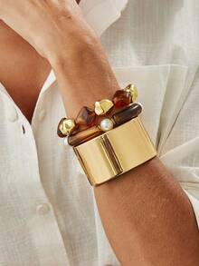 Set de 3 piezas de pulseras elásticas de resina con teñido anudado y cuentas vintage, pulseras anchas geométricas asimétricas y suaves de primavera, pulseras de resina geométricas asimétricas hechas a mano, adecuadas para uso diario y vacaciones, accesorios únicos hechos a mano (los defectos leves y las variaciones de color son normales)