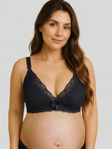 Reinforced Lace Nursing Bra For Pregnant Women, Easy Open Postpartum. - Navy Blue - View 3