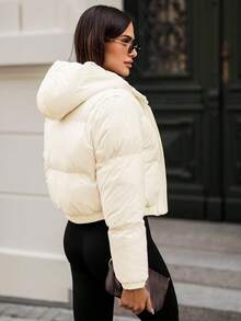 Women's Casual Solid Color Hooded Down Cropped Jacket With Zippered Pockets And Long Sleeves, Perfect For Winter Parties - Beige - View 4