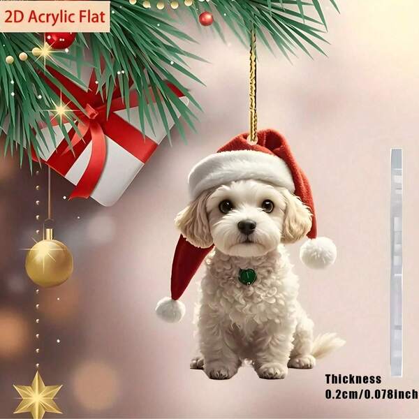 2D Acryl Hund Ornament mit Weihnachtsmann Mütze - Weihnachtspuppy Anhänger für Feiertags Dekoration, Hängende Verzierung für Saisonpartys, Batterie-freies Weihnachtsgeschenk für Familie und Freunde
