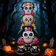 1 pezzo Nuovo Palloncino in piedi Giorno dei Morti Teschio Rock Star Impilato con Fiori, Decorazione orrore Ognissanti, Decorazione per Feste, Casa e Camera da Letto