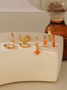 8pcs Fashionable Orange Cubic Zirconia Cartilage Hoop Earrings Set, Multi-Layer Clover Decor, Suitable For Women Daily, Party, Banquet Accessories - Yellow Gold - View 2